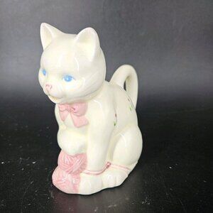 Cat Creamer Pitcher Ceramic White Pink Bow Yarn Ball Figural Pottery Kitty Mouth